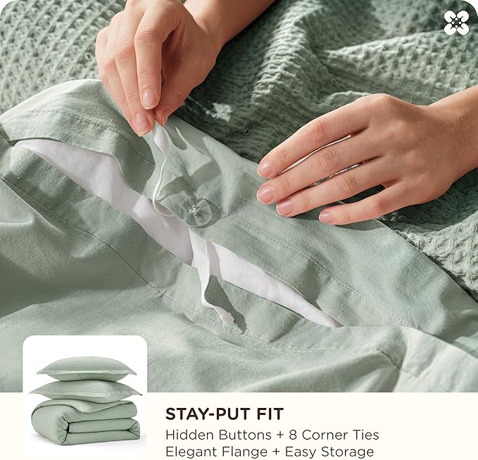 Bedsure Cotton Duvet Cover King - 100% Cotton Waffle Weave Sage Green Duvet Cover King Size, GentleSoft™ and Breathable Bedding Set for All Season, 3 Pieces, 104"x90"