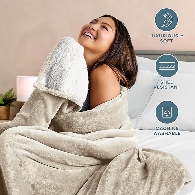 Bare Home Sherpa Fleece Blanket - Twin/Twin Extra Long - Blanket for Bed, Sofa, and Couch - Warm & Lightweight - Fluffy & Soft - Reversible (Twin/Twin XL, Oyster)