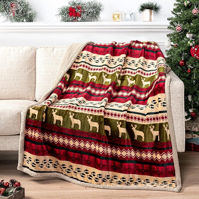 PAVILIA Christmas Sherpa Blanket Throw King Bed| Red Flannel Fleece Christmas Decoration Blanket| Plush, Warm, Soft Cozy Reversible Winter Holiday Blanket 90x108