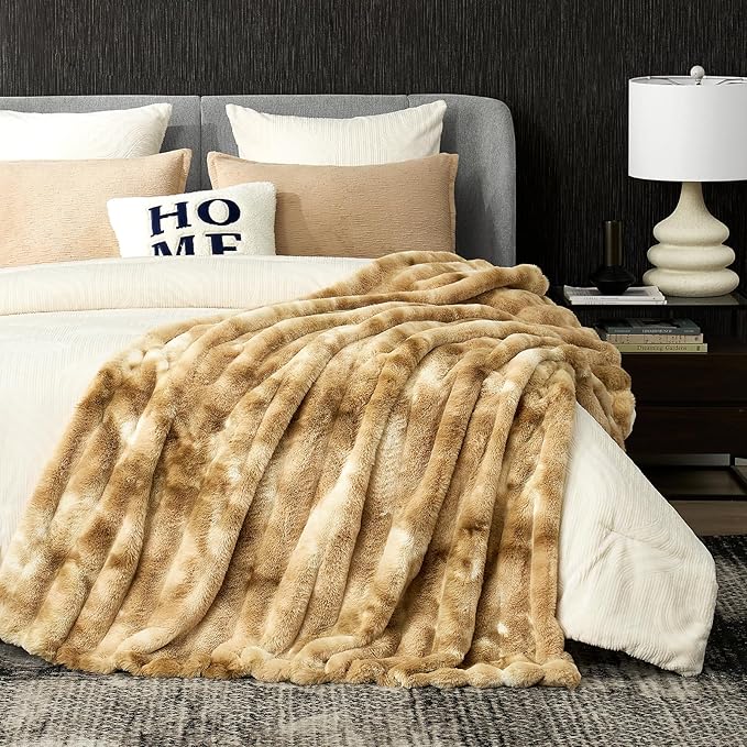 Cozy Bliss Faux Fur Throw Blanket for Couch, Fuzzy Soft Plush Thick Striped Blanket for Sofa Bedroom Living Room, 50 * 60 Inches Tie-dye Khaki