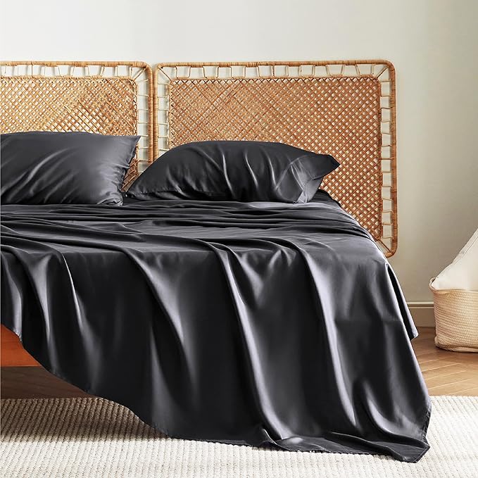 Bedsure King Size Sheet Set, Cooling Sheets King, Rayon Derived from Bamboo, Deep Pocket Up to 16", Breathable & Soft Bed Sheets, Hotel Luxury Silky Bedding Sheets & Pillowcases, Black