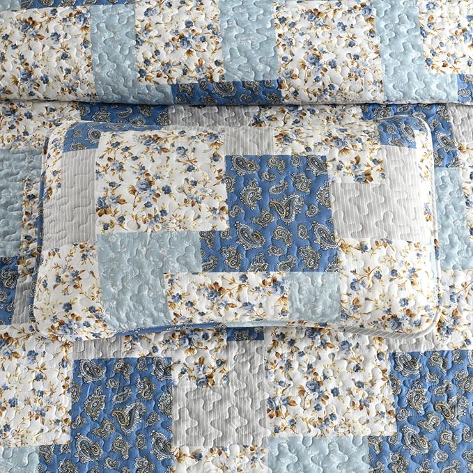 Mybedsoul Light Blue Quilt Set Queen Size, 3 Pieces Boho Plaid Floral Bedspread Set Microfiber Lightweight Bohemian Bedding Bedspread Coverlet Set for All Season 90"x96"