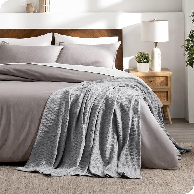 Bare Home Light Grey Waffle Blanket Extra Long 66Wx90L, 100% Cotton, Soft & Breathable Throw for All Seasons, Lightweight Blanket, Perfect for Layering Bed, Sofa & Couch (Twin/Twin XL, Light Grey)