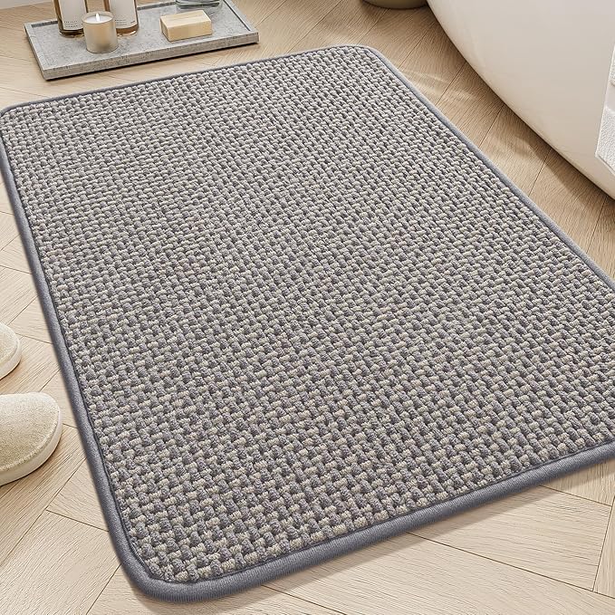 AMOAMI Chenille Bath Mat Super Absorbent Bathroom Mat Quick Dry Bath Mats for Bathroom Rubber Backed Bathroom Rugs Non Slip Washable Fit Under Door, Front of Bathtub, Sink, LIGHTGREY&Beige 20"x32"