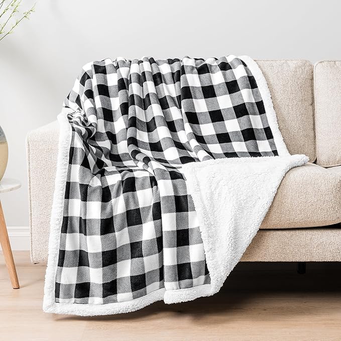 Pavilia Black White Buffalo Plaid Sherpa Bed Blanket Queen, Plush Checkered Fleece, Soft Fuzzy Flannel Large for Couch Sofa, Warm Heavy Thick Winter Gift, 90x90