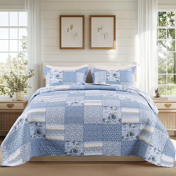 ENJOHOS Blue Floral Quilt Set Queen Size, 3 Pieces Plaid Flower Queen Bedspread for All Seasons, Patchwork Reversible Coverlet Lightweight Bedding for Queen Size Bed with 2 Pillow Shams