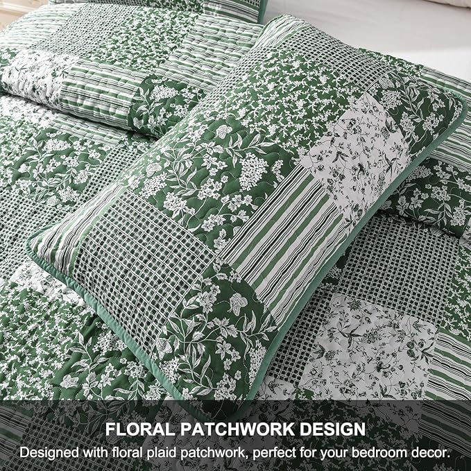 Mybedsoul Sage Green Boho King Quilt Set, 3-Piece Reversible Soft Plaid Floral Bedding Set with 2 Pillow Shams - Sage Green King Size Quilt Bedspread Coverlet Set 90"x104"