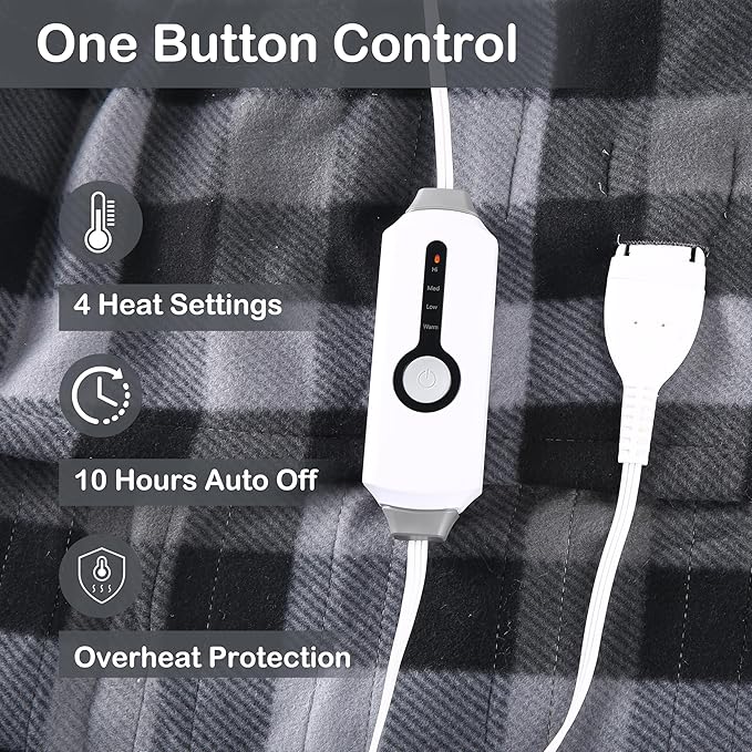 Electric Heated Blanket Full 72"x84", Soft Fleece with 10 Hours Auto-Off & 4 Heating Levels, Ultra-Soft, Warm Cozy, Machine Washable, Plaid Pattern, Dark Gray