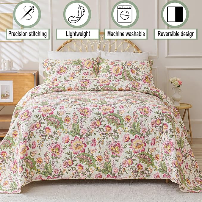 Cmfshape Floral Quilt Sets Bedspread Set 100% Cotton Bedding Set, All Season Use Lightweight Reversible Coverlet Quilts with 2 Pillow Shams(Queen 92"x96")