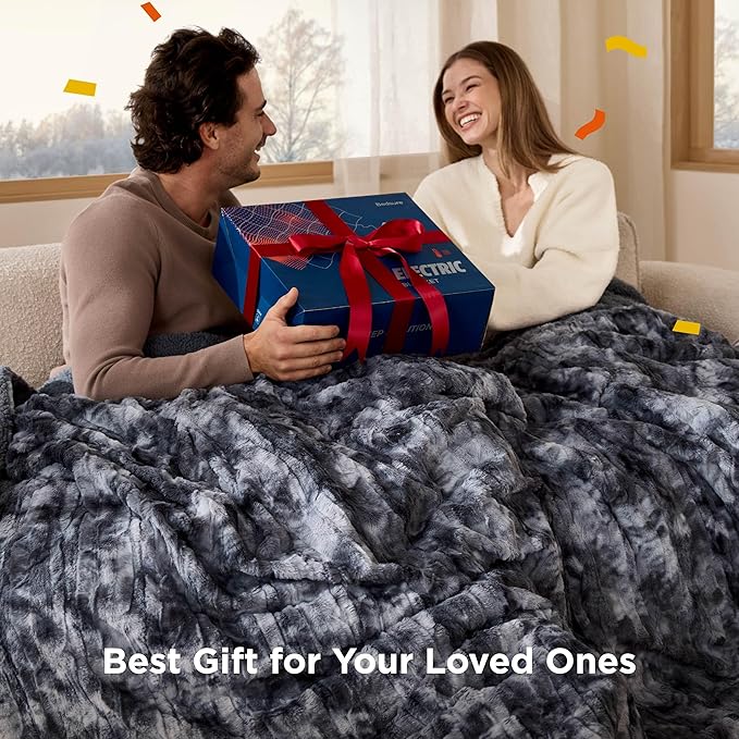 Bedsure Faux Fur Heated Blanket Throw Blanket, Fast Heating Electric Blanket with 6 Heating Levels & 4 Time Settings, Cozy Gifts for Women Men (50x60 inches, Denim Blue)