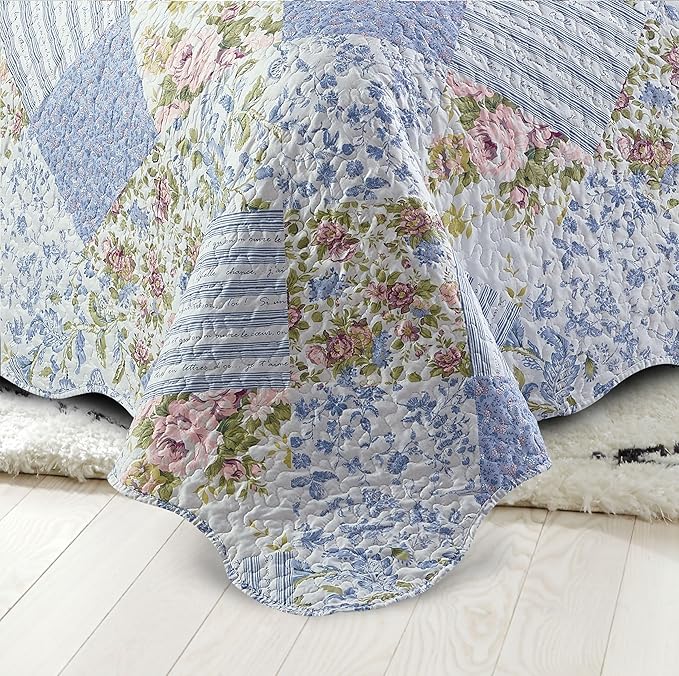 Brilliant Sunshine Blue Rose Patchwork, 2-Piece Quilt Set with 1 Sham, Reversible Bedspread, Soft Lightweight Coverlet, All-Season, Twin, Blue Rose