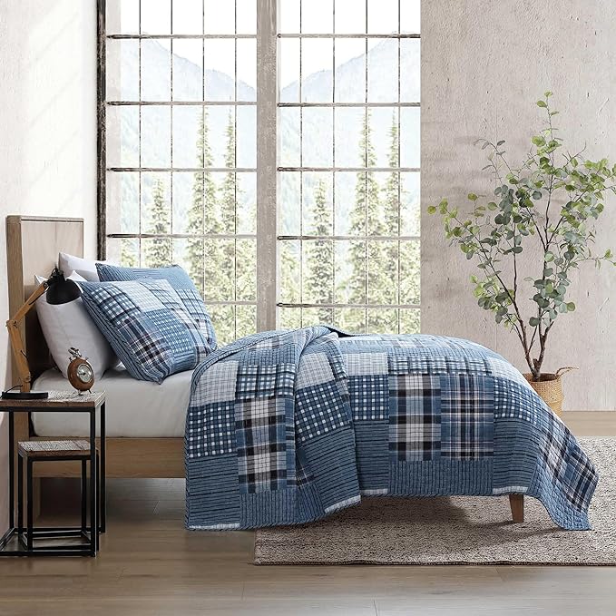 Eddie Bauer - Queen Quilt Set, Reversible Cotton Bedding with Matching Shams, Patchwork Plaid Bedding Set (Hawthorne Blue, Queen)