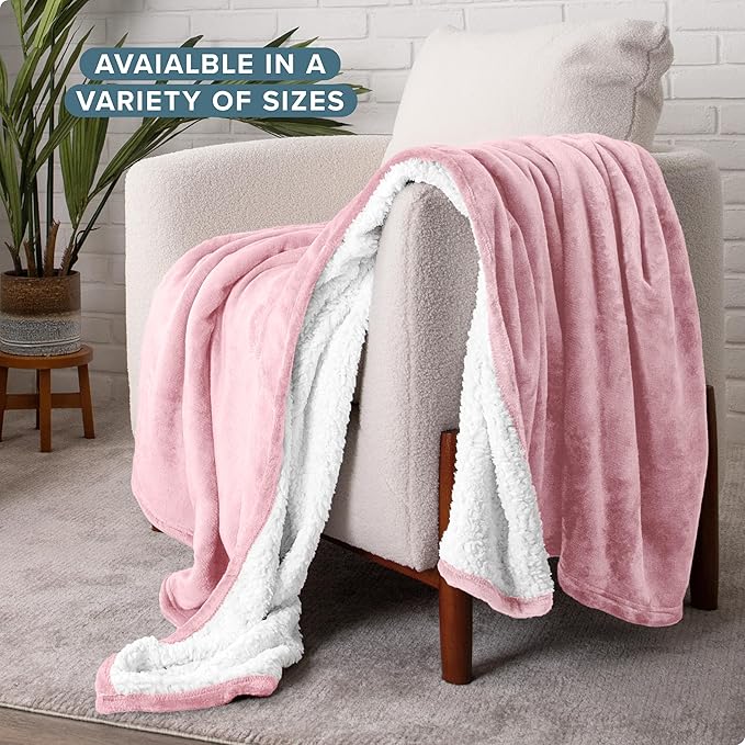 Bare Home Sherpa Fleece Blanket - Full/Queen Size - Blanket for Bed, Sofa, and Couch - Warm & Lightweight - Fluffy & Soft - Reversible (Full/Queen, Light Pink)