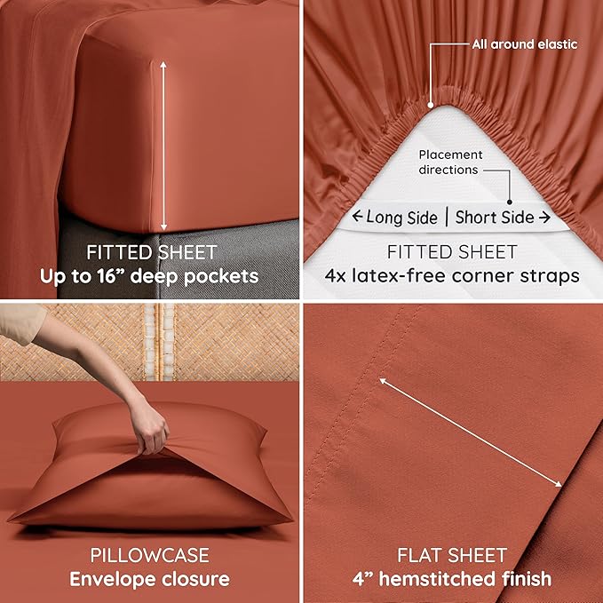 Bambaw 100% Viscose Derived from Bamboo Sheets Queen Size – 6pcs Queen Sheet Set Cooling Sheets, Fits Up to 16'' with Elastic Corner Straps, Breathable & Super Soft Bedding Set (Terracotta)