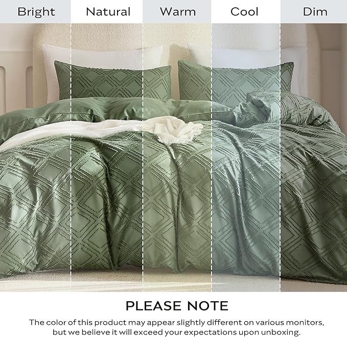 JELLYMONI Duvet Cover Full Size Green - 3PCS Boho Duvet Cover Set Plaid Polyester Tufted Bohemian Jacquard Knit Textured Comforter Cover 80×90in Rhombic Geometric Pattern Corner Ties & Zipper