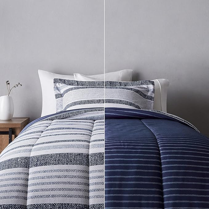 Amazon Basics Twin/Twin XL Size Comforter Sets, Ultra-Soft Lightweight Microfiber Reversible 2-Piece Bedding, Blue Denim/Beige Stripes, Striped