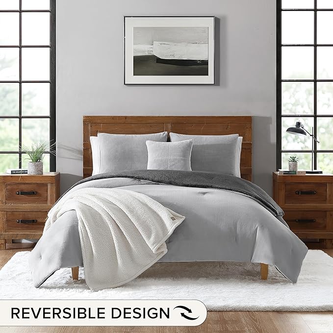 UGG Comforter Set 5 Piece Bed in a Bag with Throw Blanket, Decorative Pillow, Shams, and Reversible Comforter Hypoallergenic Washable Luxury Warm Fluffy Bedding Set, Charcoal Grey, King Size (Remina)