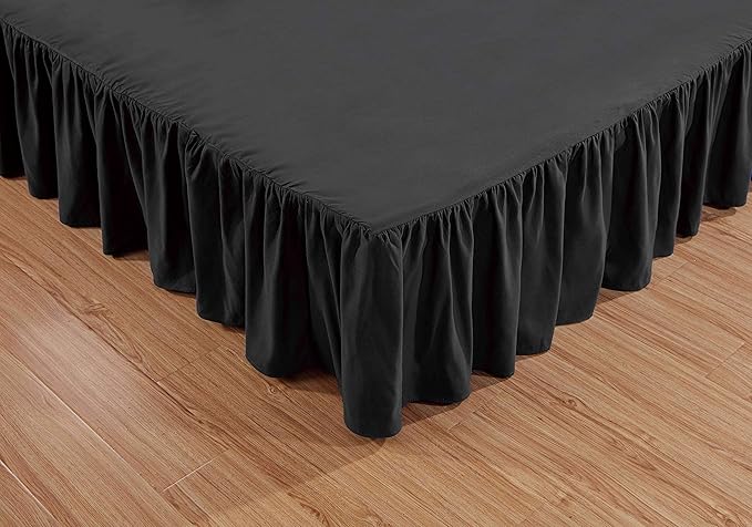 FUNSTERSIN Sheets & Beyond Wrap Around Solid Microfiber Luxury Hotel Quality Fabric Bedroom Gathered Ruffled Bedding Bed Skirt 14 Inch Drop (Twin, Black)