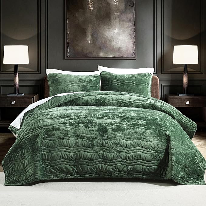 Luxury Velvet Queen Comforter Set, Green Queen Size Comforter Sets, Emerald Green Queen Quilt Bedding Set, Luxurious Plush Bedspreaqd Sets,Soft Lightweight Bedding for All Season