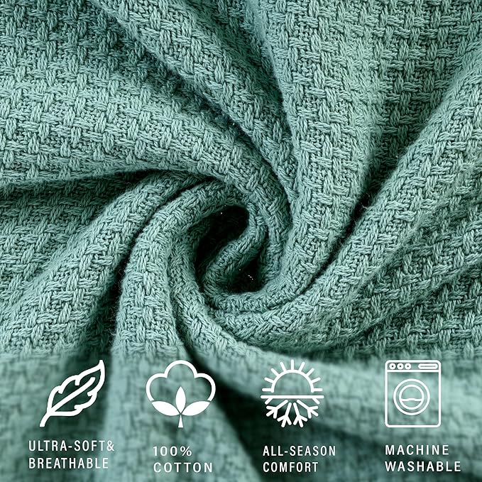 HILLFAIR 100% Soft Premium Combed Cotton Thermal King Blankets – Soft Cozy Warm Cotton Blanket– Bed Throw Blanket– King Bed Blankets– All Season Blanket– Sage