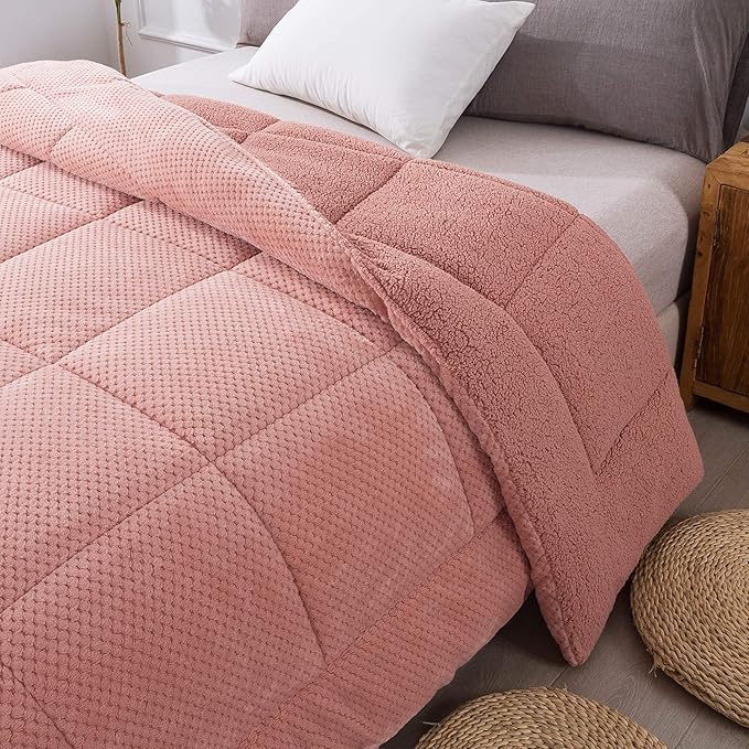 KASENTEX Super Ultra Sof Luxury Plush Sherpa Comforter, Cozy Reversible Fleece - Goose Down Alternative, Machine Washable Bedding, Sunset Rose Pink, Twin/Twin XL Size