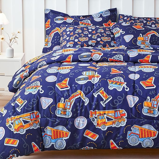 Viviland Kids Full Bedding Sets for Boys, Soft Full Comforter Set with Sheets, 7 Pieces Microfiber Bed in a Bag, Navy Blue Tractor