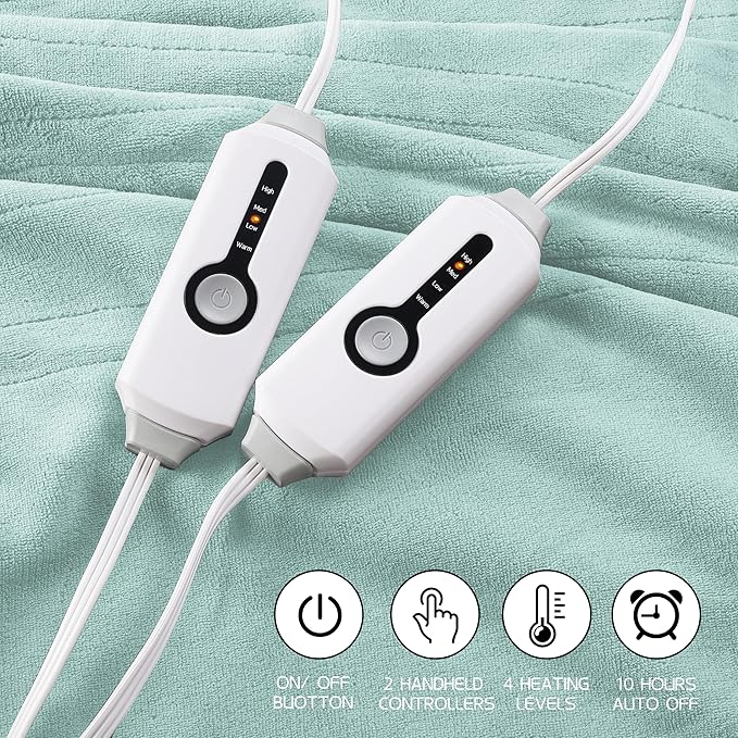 Electric Heated Blanket 90"x100" King Size, Soft Coral Fleece, Dual Controllers with 4 Heating Levels and 10 Hours Auto-Off, Machine Washable, Cozy Plush Fabric for Home, Mint Green