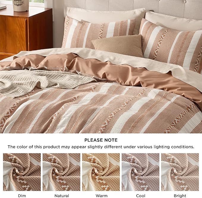 Bedsure Waffle Weave Duvet Cover Queen - 100% Cotton Boho Duvet Cover Set with 2 Pillowcases - Extra Soft Terracotta Textured Comforter Cover with Zipper Closure (Queen, 90"x90")