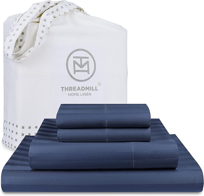 Threadmill 500 Thread Count King Size Damask Stripe, 4 Pc Luxury Cotton Bed Sheet Set, Breathable Folkstone Blue Sheets with 16" Elasticized Deep Pocket, 2 Pillowcases & Free Tote Bag
