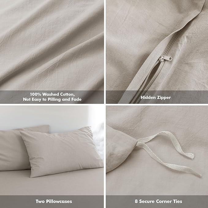 FOSSA Duvet Cover Set 100% Washed Cotton Linen Feel Super Soft Breathable Cozy 3 Pieces Bedding Sets Solid Cream Grey Twin