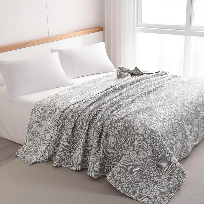 NTBAY 3 Layers Cotton Muslin 88x92 Queen Bed Blanket, Super Soft Breathable Thermal Yarn Dyed Quilt for Adults, Perfect Lightweight Blanket for Couch Sofa Bed All Seasons, Grey Star and Wheat