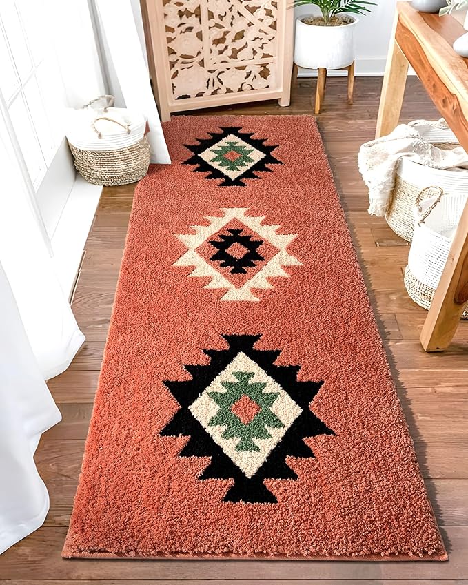 DEXDE Bathroom Rugs Runner 20x72, Boho Long Bath Mat Runner for Bathroom Bedroom Hallway Kitchen Shower Luxury Soft Absorbent Large Bohemian Carpet Runner Farmhouse Western Decor, Coral Red