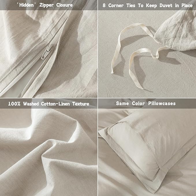 Linen Grey Duvet Cover Twin Size 90inch x 68inch,100% Washed Cotton Duvet Cover with Zipper Closure and One Pillowcases, Color of New Nature Linen