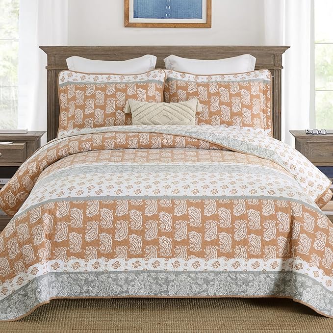 Terracotta Quilts Queen Size, Cotton Queen Comforter Set, Orange Grey Bedding, Lightweight Bedspread Machine Washable 3 Piece