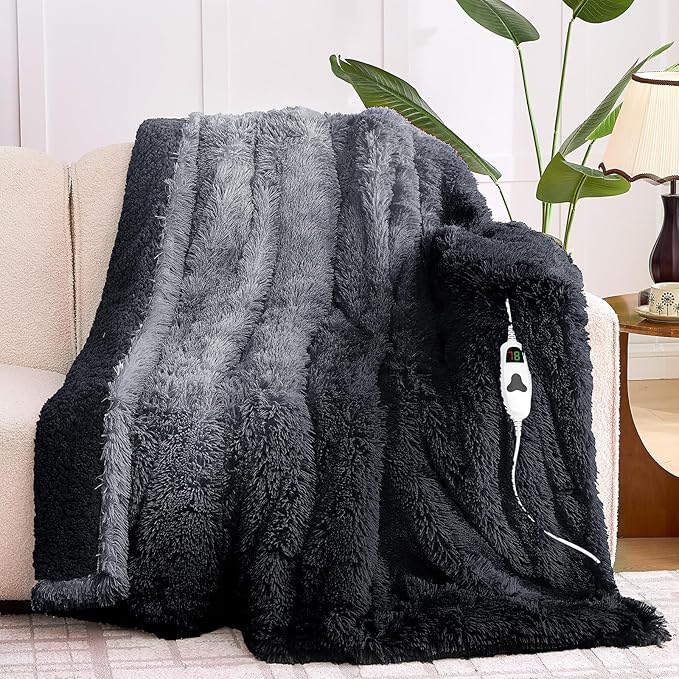 Heated Electric Blanket Twin–Faux Fur with Soft Thick Sherpa,Warm Winter Birthday Gifts for Women Grandma，10 Heat Settings,5 Time Settings with Fast Heating, 62x84, Midnight Black