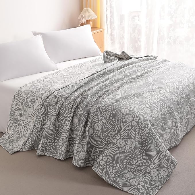 NTBAY 3 Layers Cotton Muslin 88x92 Queen Bed Blanket, Super Soft Breathable Thermal Yarn Dyed Quilt for Adults, Perfect Lightweight Blanket for Couch Sofa Bed All Seasons, Grey Star and Wheat