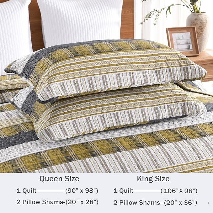 Homzard Queen Comforter Set，Cotton Quilts Queen Size，Amber Green Black Bedding，Plaid Striped Bedspread，Lightweight Reversible Coverlet 3 Pieces