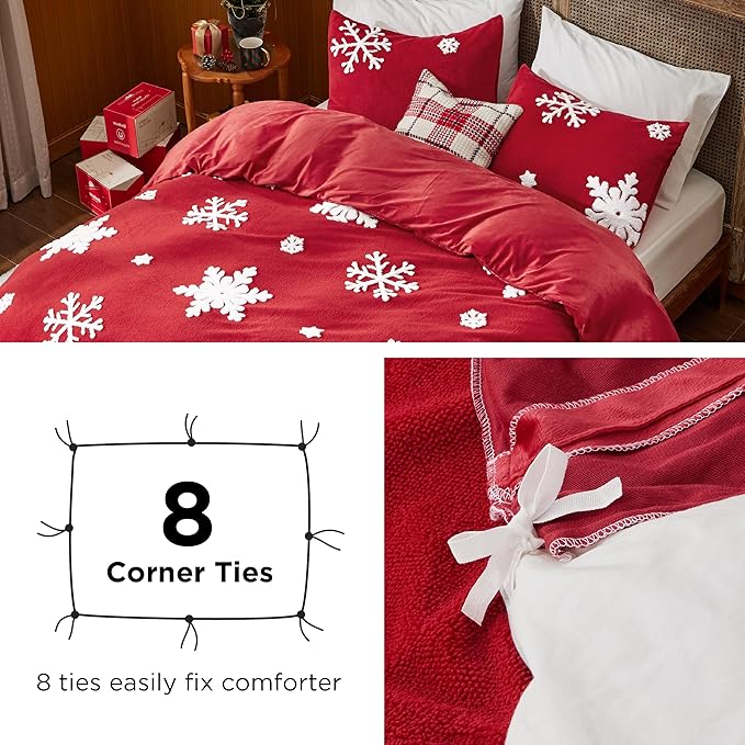 Bedsure Fluffy Duvet Cover Set - Ultra Soft Plush Shaggy Comforter Cover Queen Size, Warm Flannel Fleece Bed Sets for Winter, 3 Pieces, Snowflake Pattern, Red