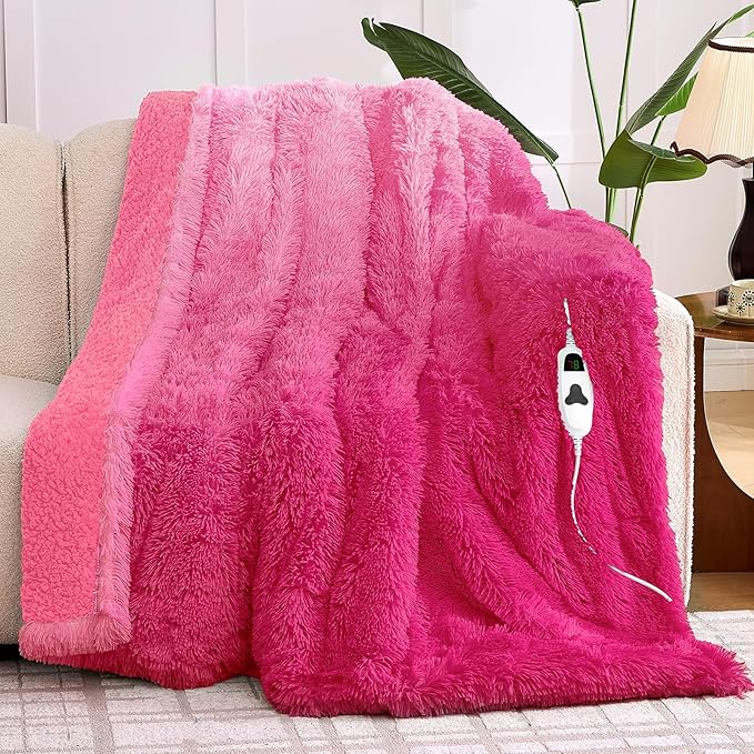 Heated Electric Blanket Twin,Warm Winter Birthday Gifts for Women Her Grandma–Faux Fur with Soft Sherpa,10 Heat Settings,5 Time Settings with Fast Heating, 62x84, Rose Red