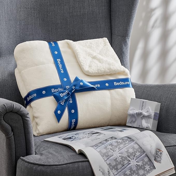 Bedsure GentleSoft Sherpa Fleece Blankets Queen Size for Bed - Thick and Warm Throw for Women and Men, Soft Fuzzy Plush Queen Blanket for Winter, Cream, 90x90 Inches
