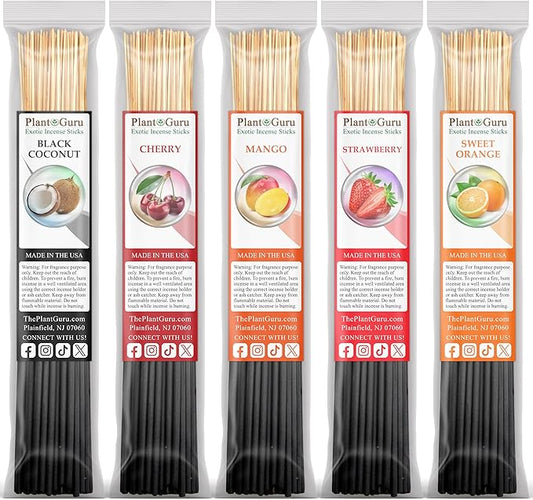 Fruits Incense Sticks Variety Set Bulk 500 Pack Sampler 11" Sticks - 5 Bundles of 100 Sticks Per Bundle. Set Includes - Black Coconut, Cherry, Mango, Strawberry and Sweet Orange