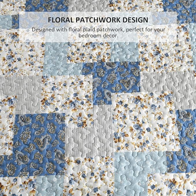 Mybedsoul Light Blue Quilt Set Queen Size, 3 Pieces Boho Plaid Floral Bedspread Set Microfiber Lightweight Bohemian Bedding Bedspread Coverlet Set for All Season 90"x96"