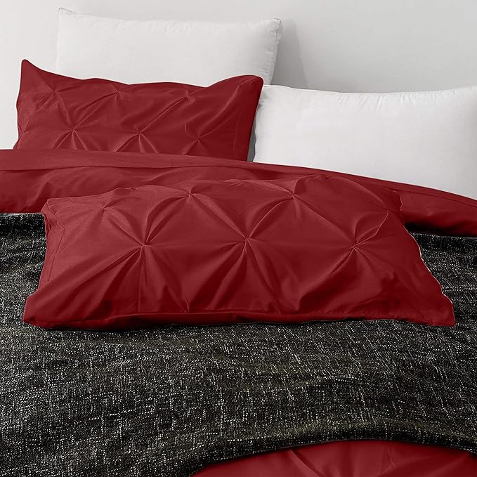 Pinch Pleated Duvet Cover Set 100% Brushed Microfiber 3PC King Size 94x104 Duvet Cover Set, Decorative Pinch Design Burgundy Duvet Cover with Matching Pillow Case
