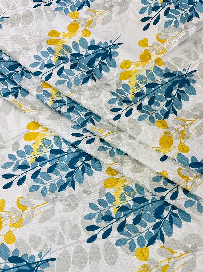 Serafina Home Hotel Quality Fabric Bathroom Shower Curtain: Floral Leaf Damask - Blue, Teal, Yellow, Grey and White (72 x 70 inches)