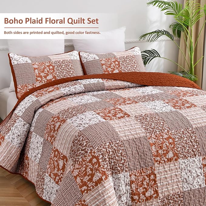 Mybedsoul Burnt Orange Quilt Set Queen Size, 3 Pieces Boho Plaid Terracotta Floral Bedspread Set Microfiber Lightweight Bohemian Bedding Bedspread Coverlet Set for All Season 90"x96"