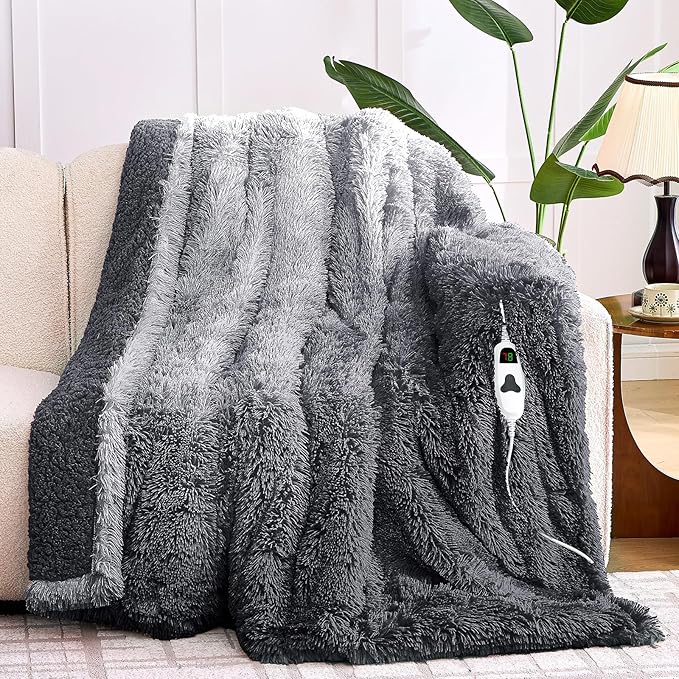 Heated Electric Blanket Twin–Faux Fur with Soft Thick Sherpa,Warm Winter Birthday Gifts for Women Grandma，10 Heat Settings,5 Time Settings with Fast Heating, 62x84, Foggy Dusk