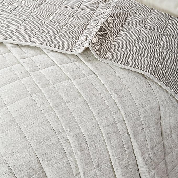 Quilts Queen Size，White Cotton Linen Bedspreads Queen Size，3-Pieces Queen Quilt Set with Grey Gingham Bedding Coverlet with 2 Pillow Shams