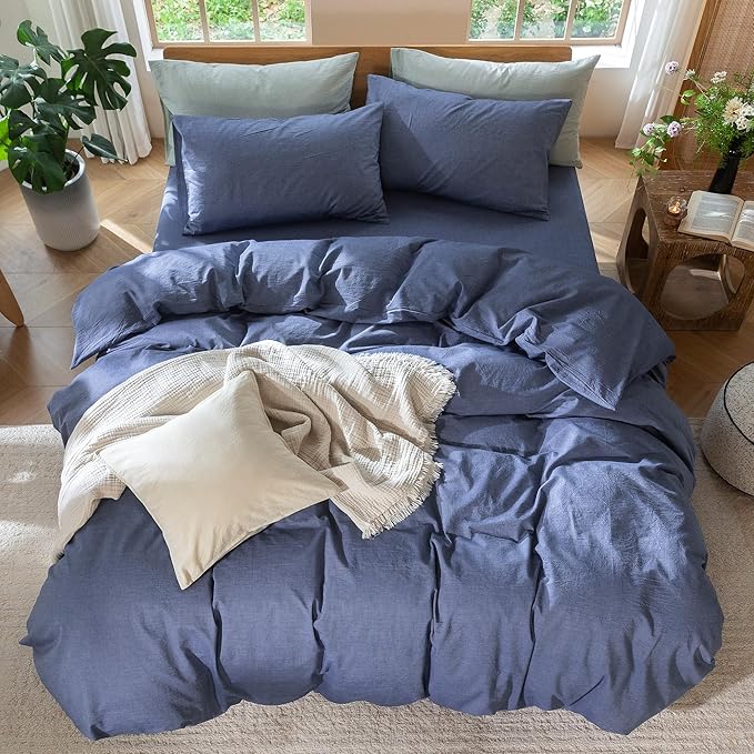 MooMee Bedding Duvet Cover Set 100% Washed Cotton Linen Like Textured Breathable Durable Soft Comfy (Heathered Blue, Super King Plus 120"x120")