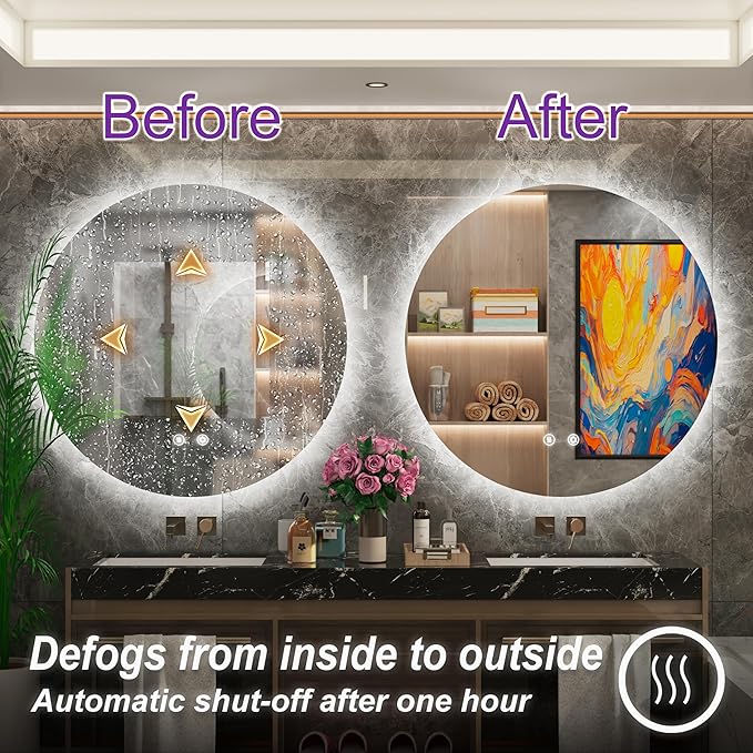 42-inch Round LED Bathroom Mirror with Light, 3 Color Temperatures (3000K/4500K/6000K), Dimmable Backlit, Anti-Fog, 5MM HD Glass, CRI 90+, Memory, Frameless