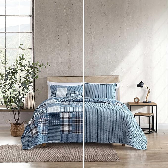 Eddie Bauer - Queen Quilt Set, Reversible Cotton Bedding with Matching Shams, Patchwork Plaid Bedding Set (Hawthorne Blue, Queen)